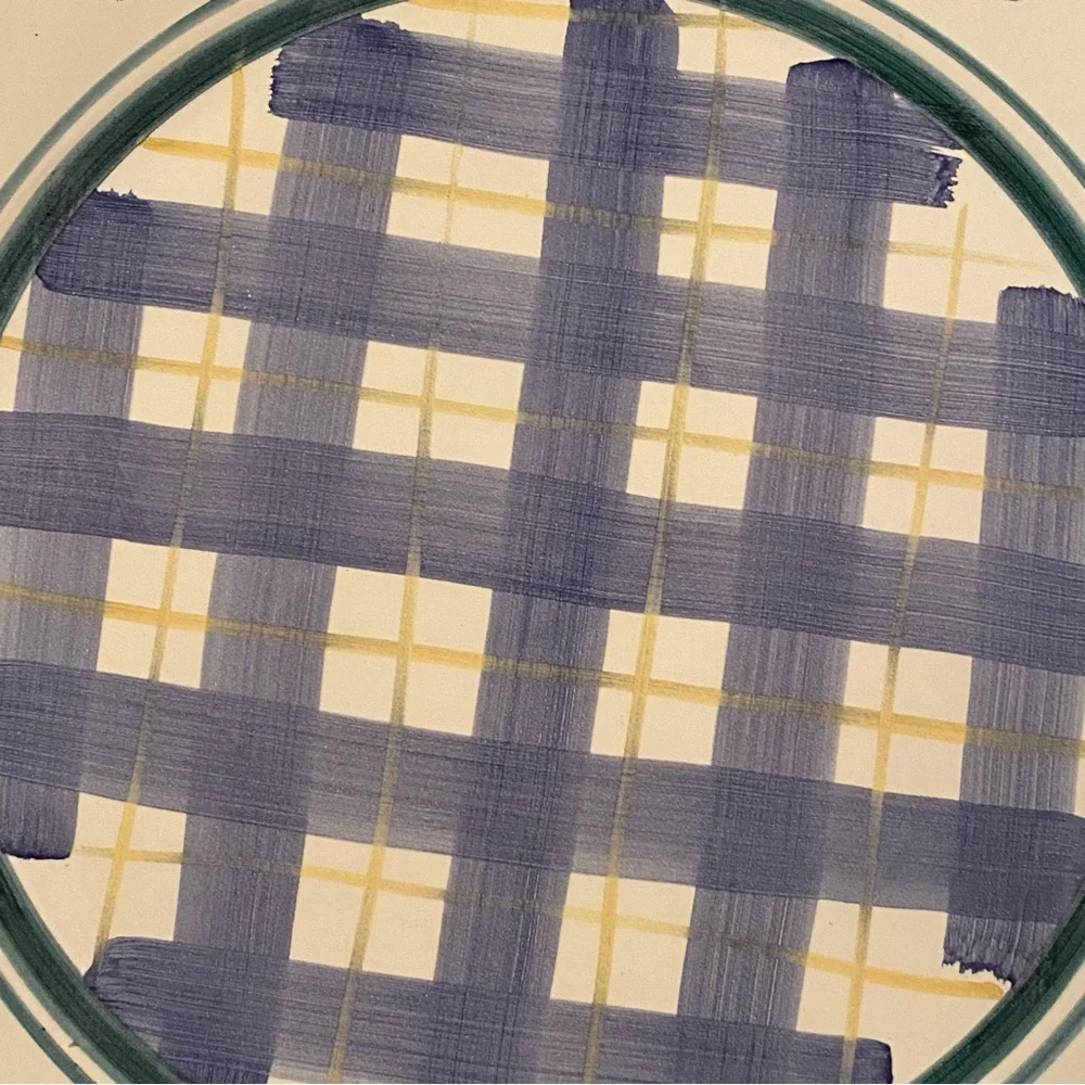 CALECA ARIOSO FLORAL PLAID LUNCHEON PLATE BLUE WHITE YELLOW HAND PAINTED ITALY